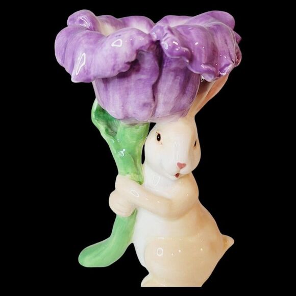 Set of 3 Magenta Seasonal Collection Ceramic Bunny Rabbit Candle Holder Flowers - Picture 7 of 15